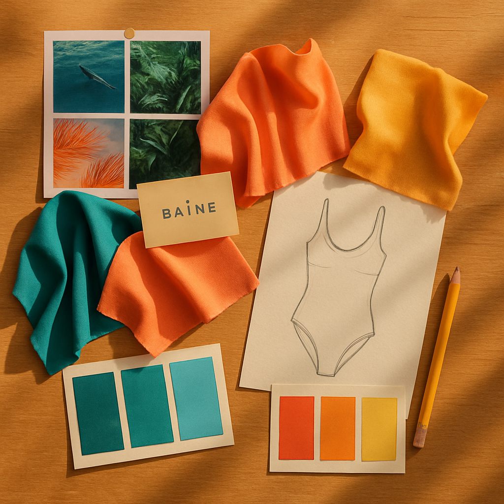 Moodboard collection BAÏNE : swatches lycra multicolore tropical, croquis maillot de bain, palette coloris