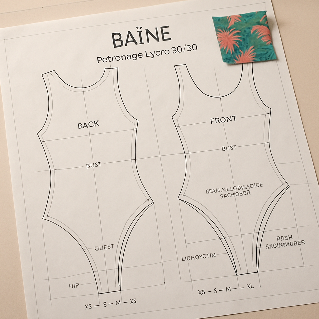 Patron technique maillot de bain BAÏNE : lycra 80/20, gradations XS-XL, notes de couture élasthanne