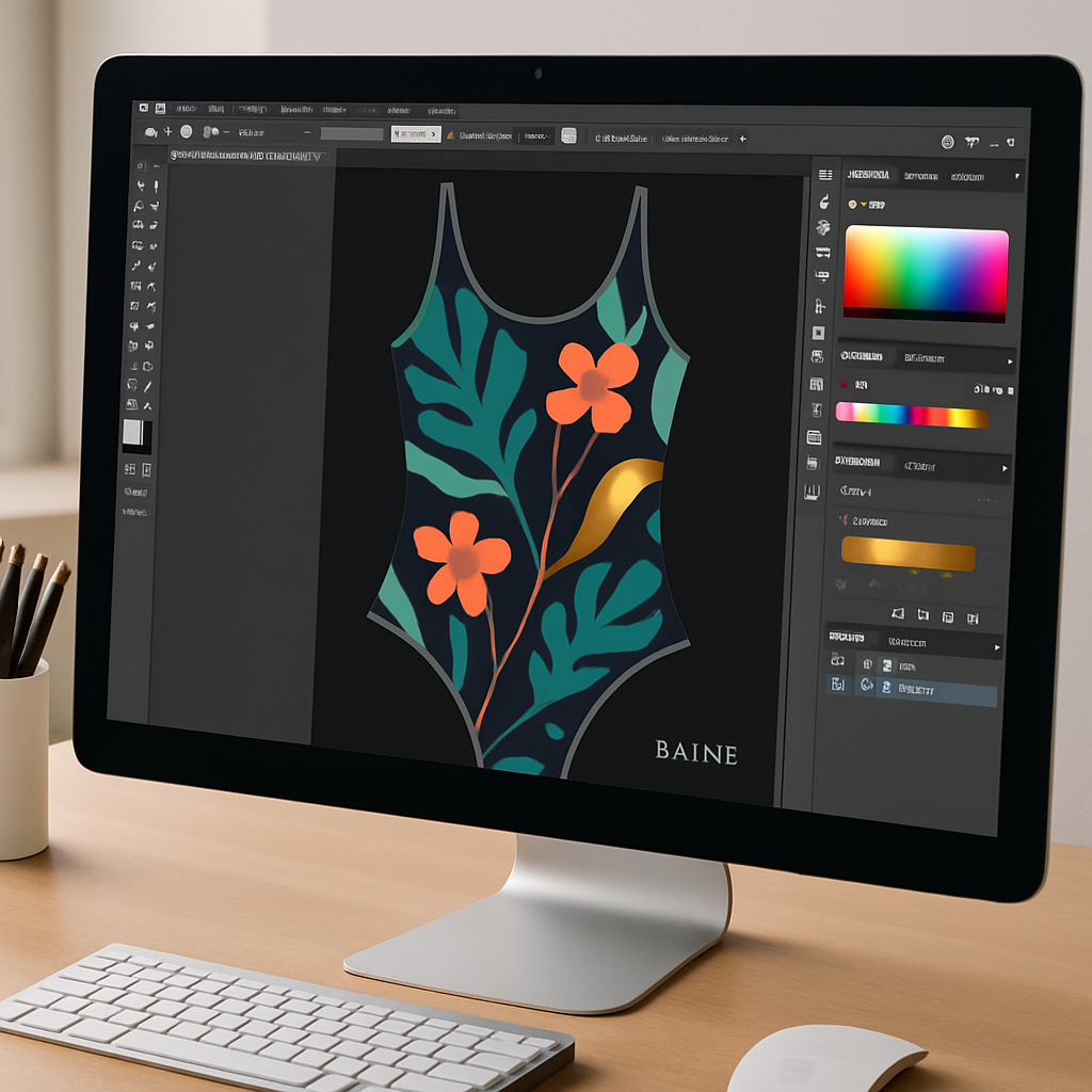 Graphiste créant un motif tropical multicolore DTF pour maillot BAÏNE sur Illustrator, patron numérique