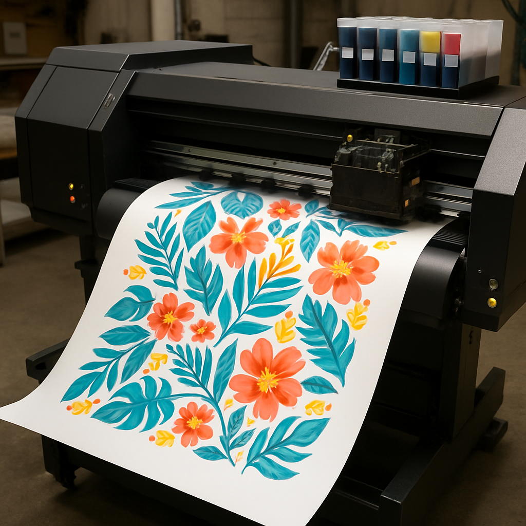 Imprimante DTF imprimant un motif tropical teal-corail sur film de transfert, couleurs vives sorties d'impression