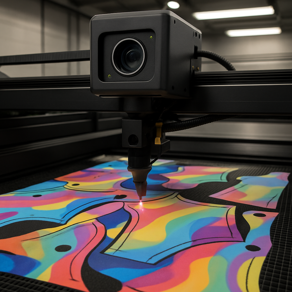 Laser CCD Dowin avec caméra Hikrobot découpant des pièces de maillot en lycra multicolore imprimé DTF