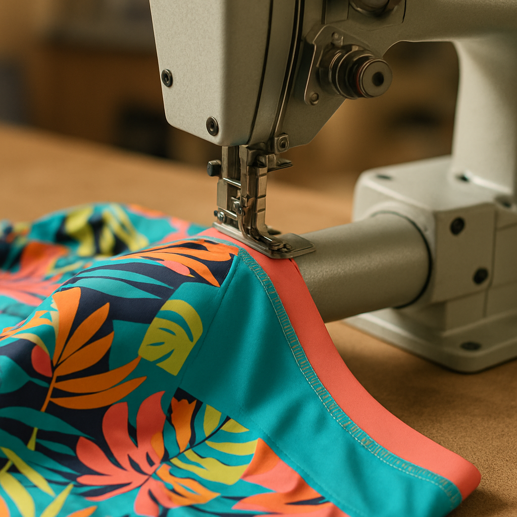 Machine feed-off-the-arm assemblant les pièces de maillot en couture plate zéro épaisseur sur lycra multicolore