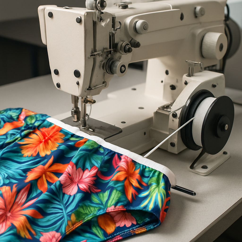 Machine à élastique motorisé posant la ceinture sur un maillot lycra multicolore en une seule passe coverstitch