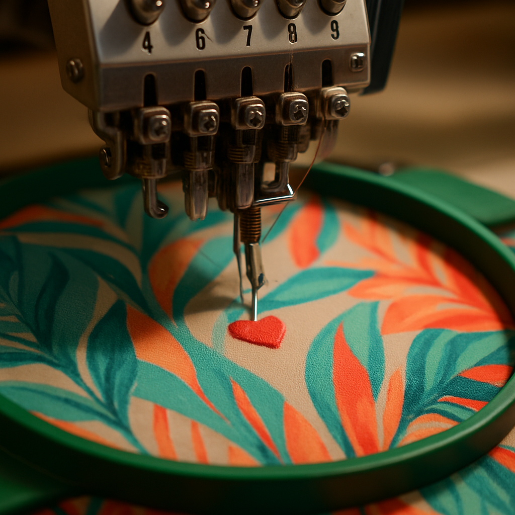Machine broderie CNC 9 têtes brodant un petit cœur discret corail sur l'épaule gauche d'un maillot multicolore BAÏNE