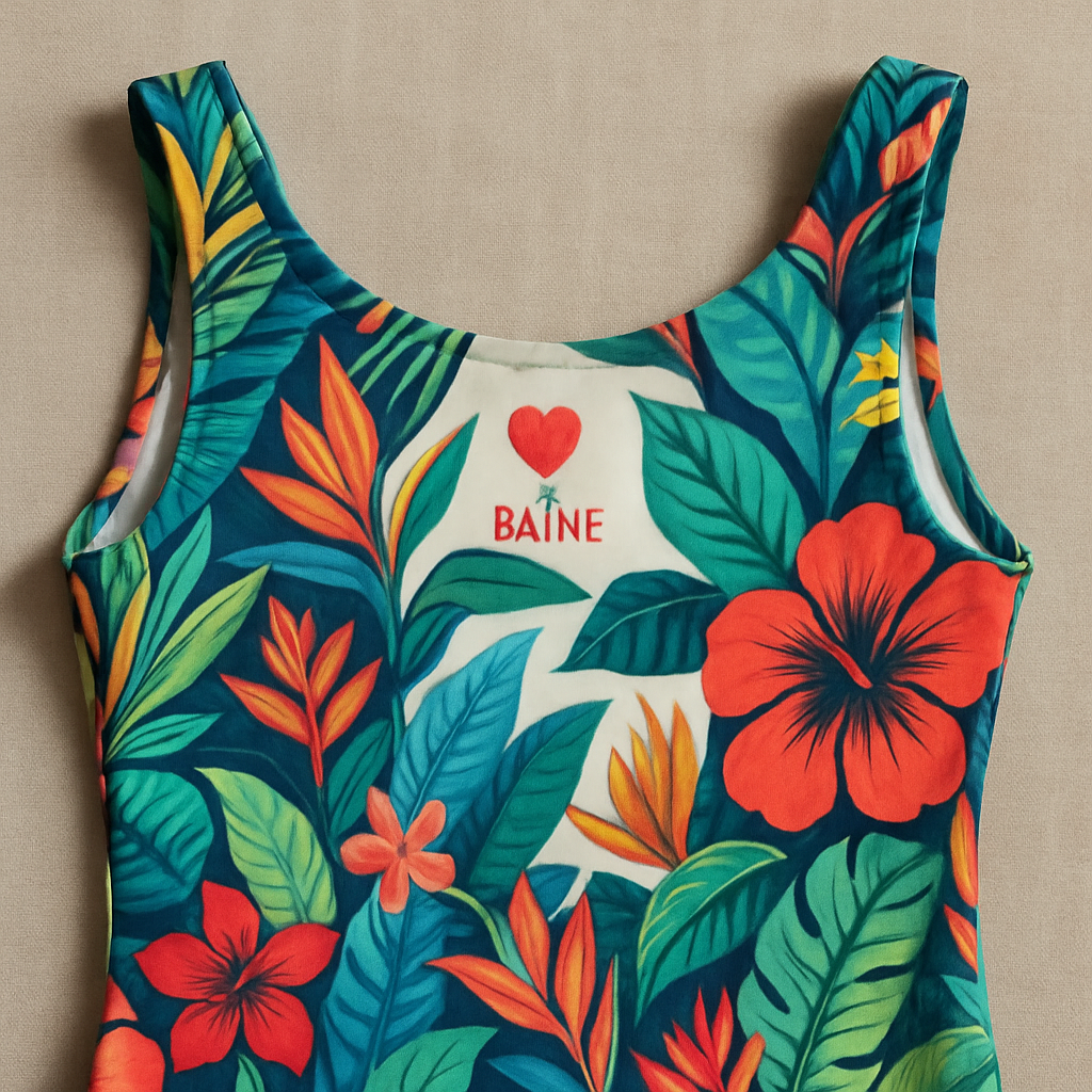 Résultat broderie dos maillot BAÏNE : petit cœur corail satin stitch et script BAÏNE discret, finition premium