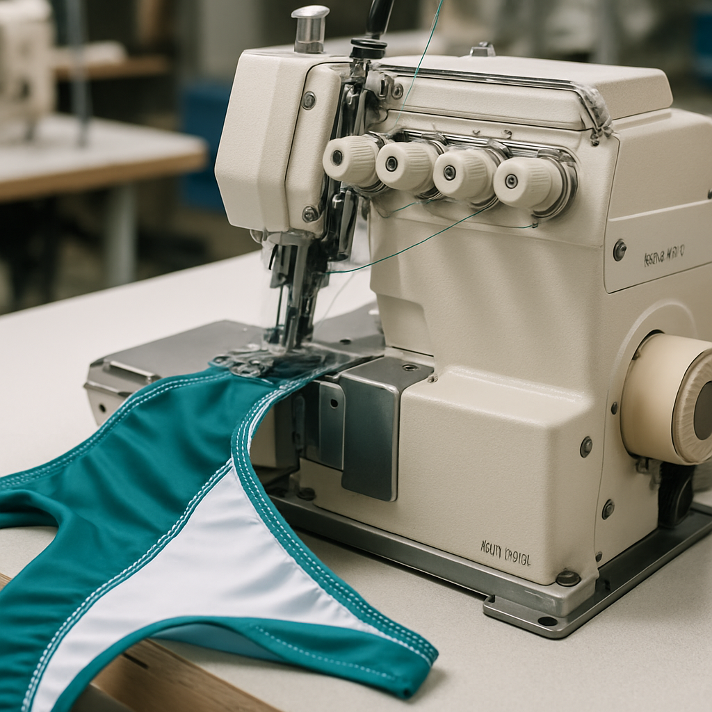 Surjeteuse semi-dry surfilant les coutures intérieures d'un maillot lycra multicolore à 7000 pts/min
