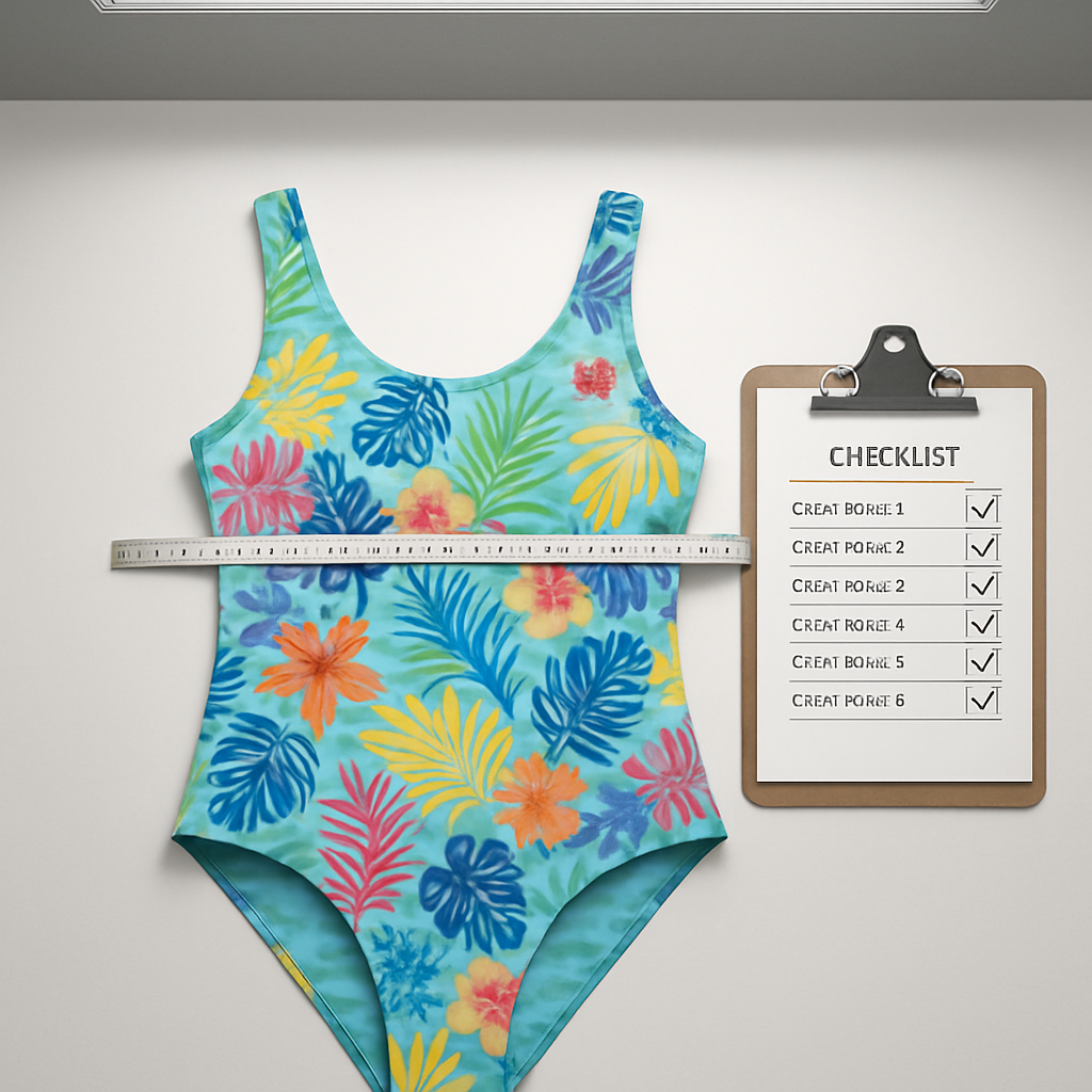 Contrôle qualité maillot BAÏNE : mesure des 8 points, cœur brodé épaule visible comme détail premium