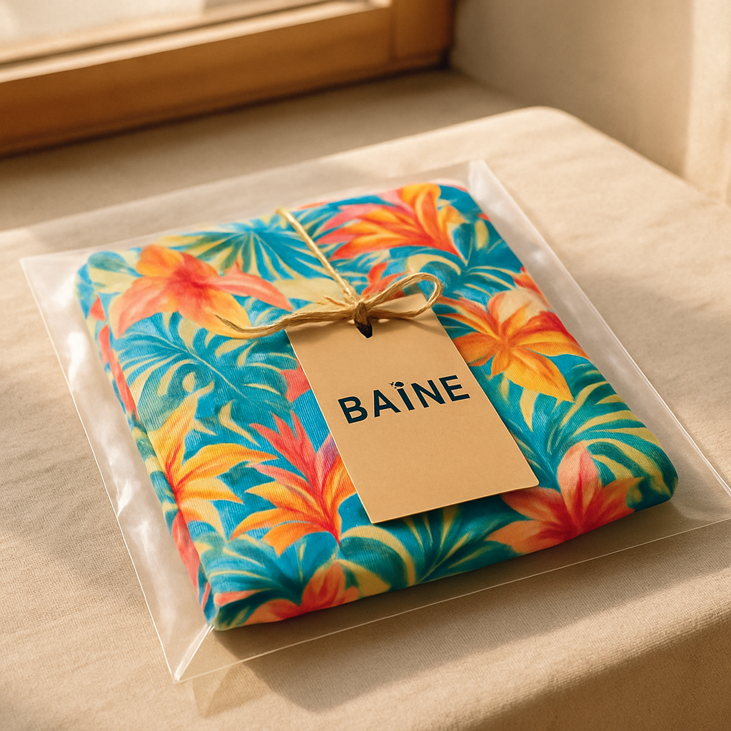 Packaging collection BAÏNE : maillot plié en pochette compostable, hangtag minimal, look balnéaire éditorial