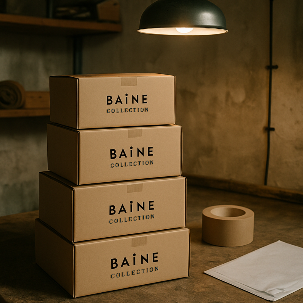 Cartons expédition collection BAÏNE prêts, étiquettes envoi, entrepôt atelier couture