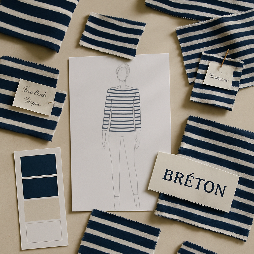 Table de travail avec moodboard rayures Breton, palette coloris marine et blanc, fiche concept BRÉTON