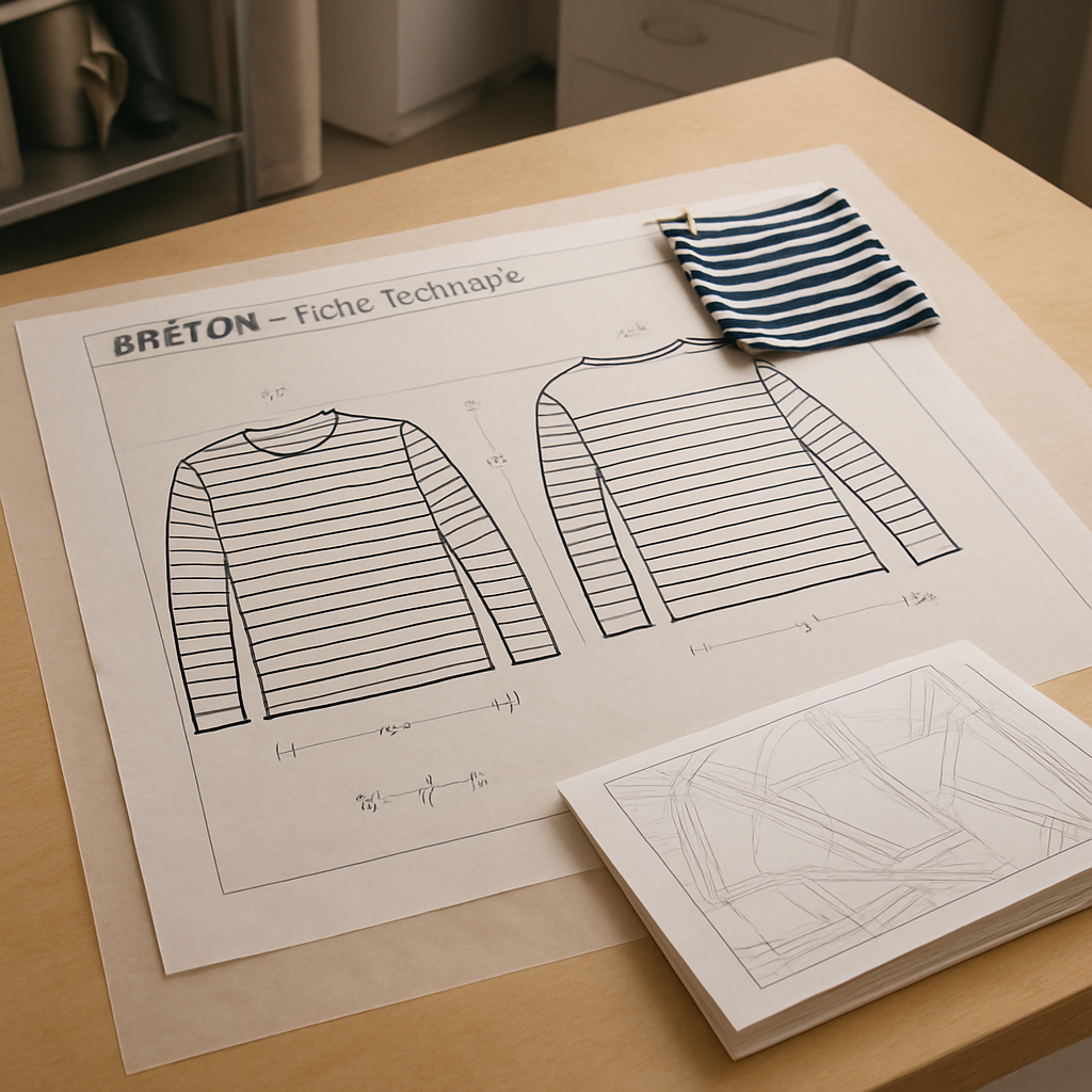 Table à dessin avec patron technique marinière DXF, côtes jersey notées, en-tête BRÉTON Fiche Technique