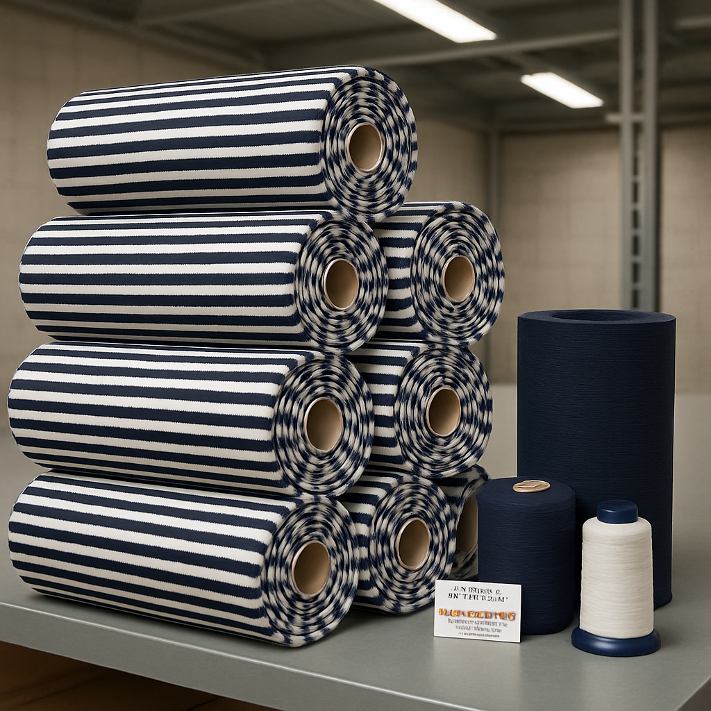 Bobines de jersey coton rayé marine-blanc 220g/m², bord-côtes côtelés, fils polycoton et certification OEKO-TEX