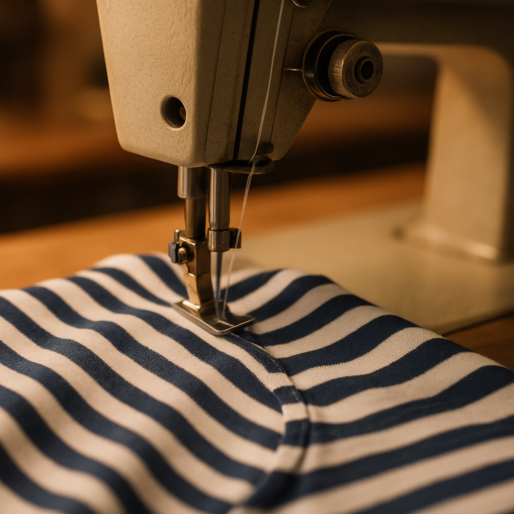 Machine à coudre industrielle point droit assemblant les coutures d'épaules d'une marinière, alignement rayures contrôlé