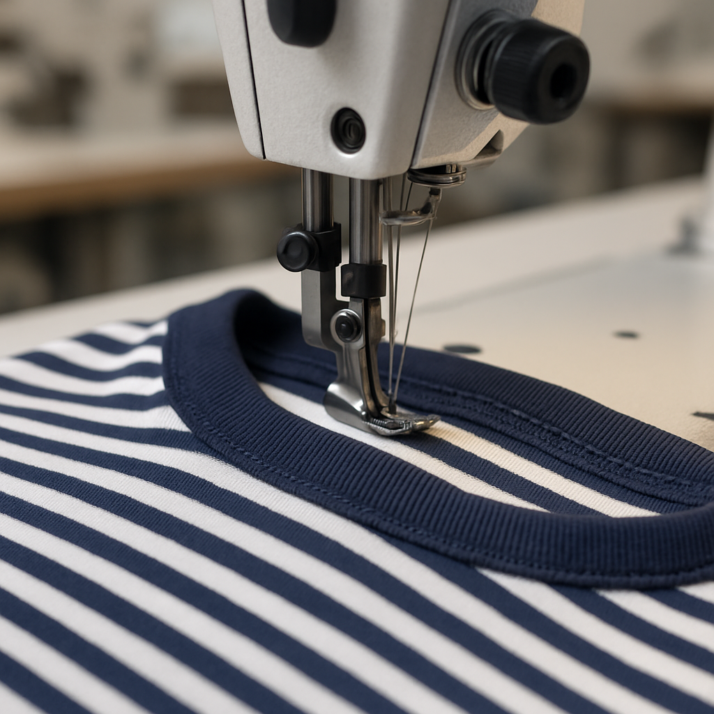 Machine coverstitch posant le bord-côte côtelé sur l'encolure d'une marinière, double aiguille visible