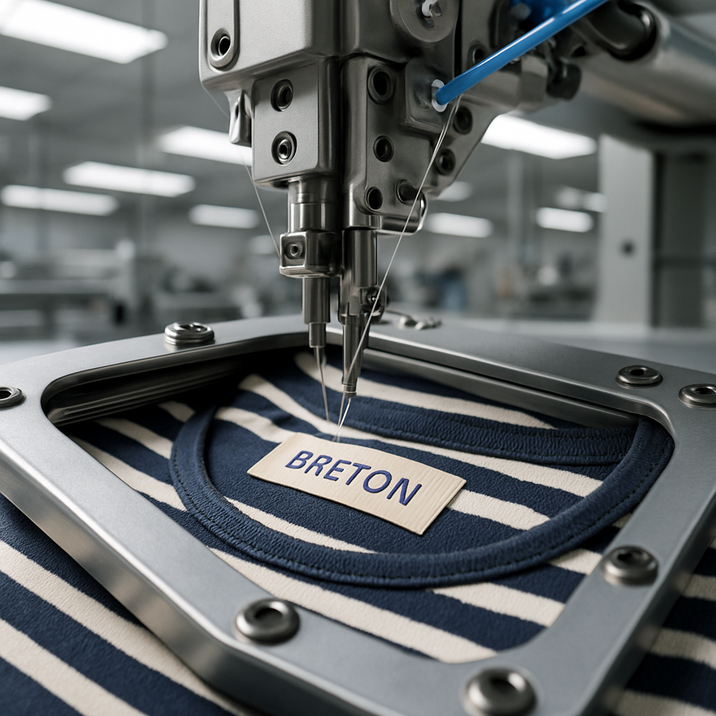 Robot de couture CNC Juki AMS effectuant la piqûre répétitive d'une étiquette tissée BRÉTON sur marinière