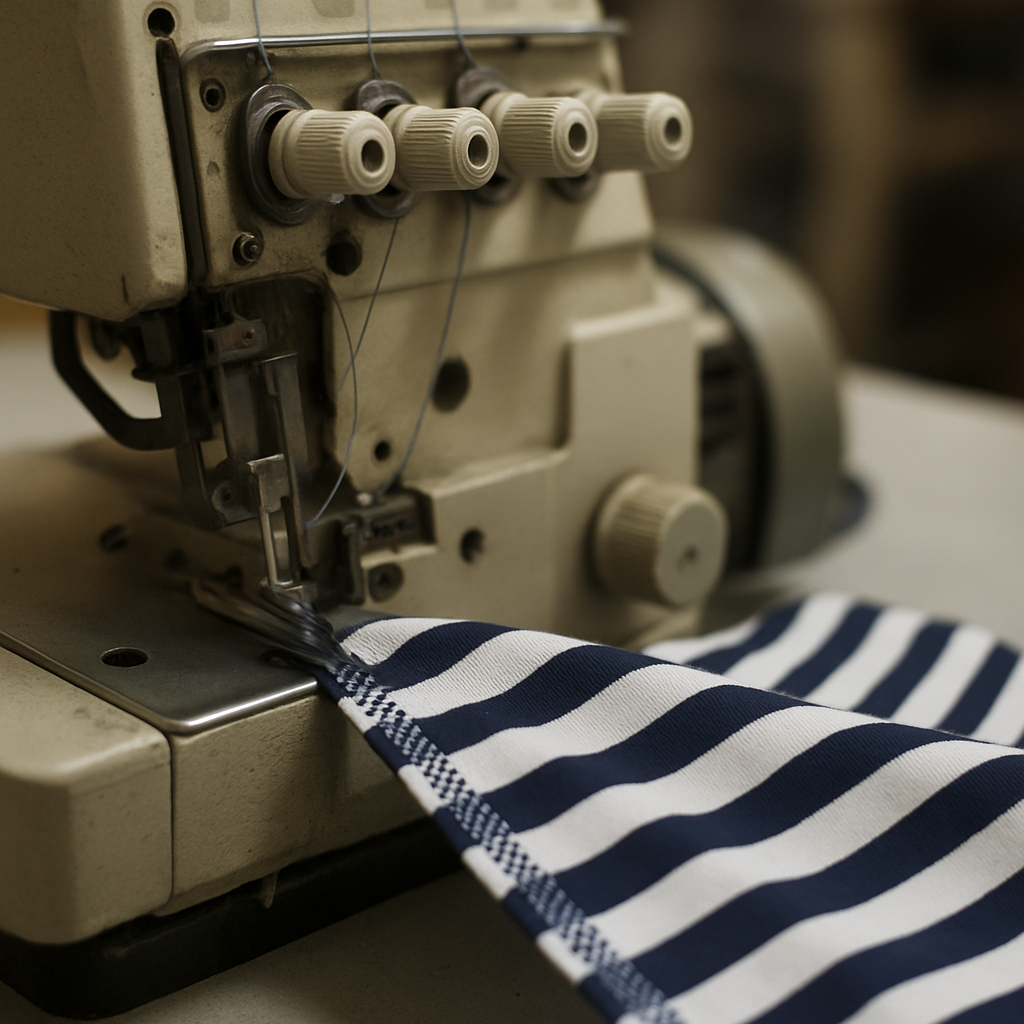 Surjeteuse semi-dry surfilant les coutures intérieures d'une marinière à 7000 pts/min, fils navy-blanc