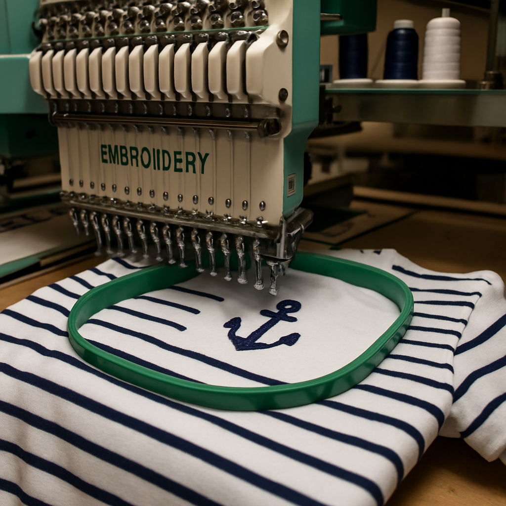 Machine broderie CNC 9 têtes créant un motif ancre marine en relief sur une marinière blanche, fil navy en satin
