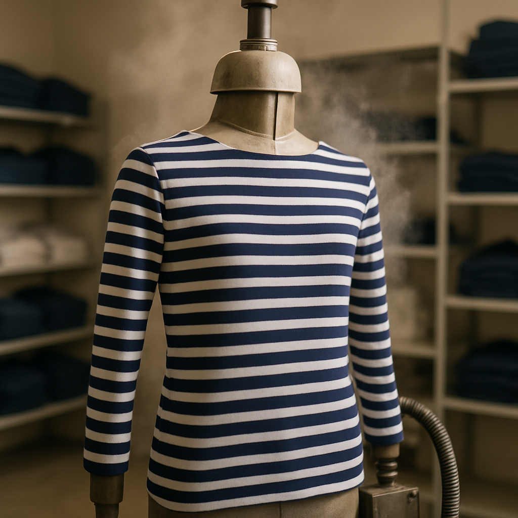 Mannequin vapeur industriel finissant une marinière rayée marine, vapeur visible, rayures parfaitement verticalisées