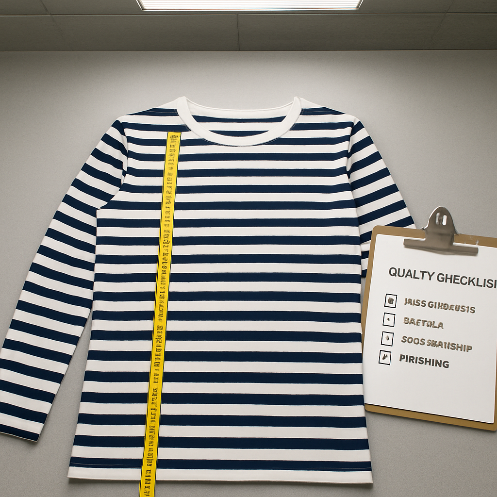 Contrôle qualité marinière BRÉTON sur table : mesure des 8 points, alignement rayures aux coutures latérales ±2mm