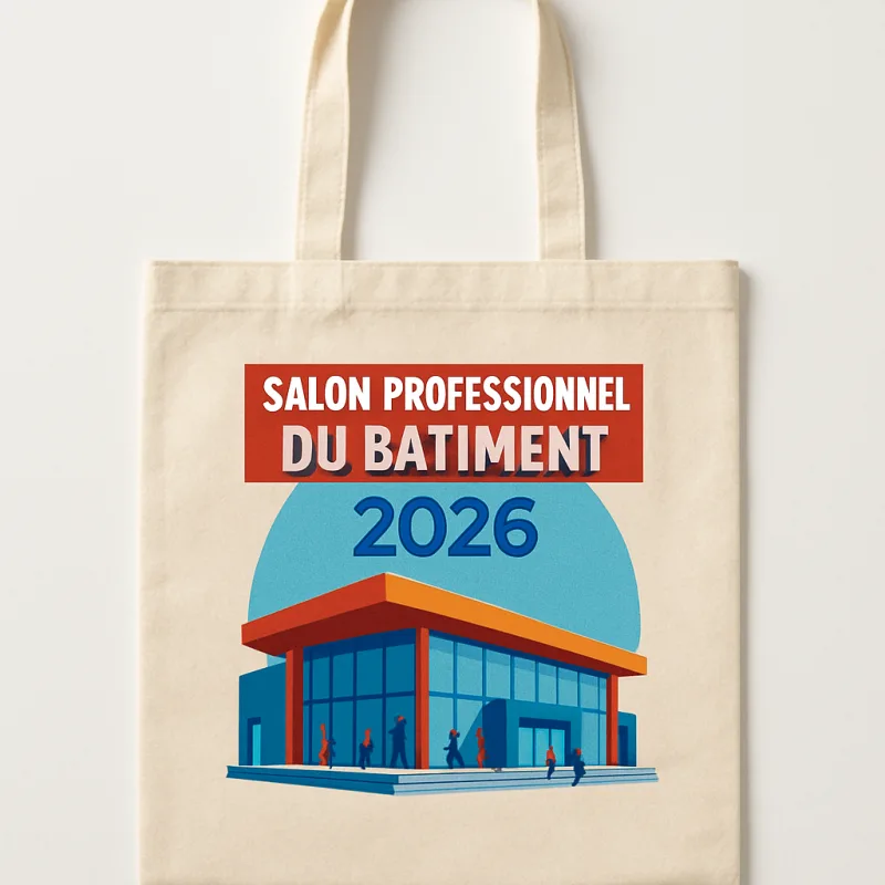 Tote bag DTF salon professionnel bâtiment