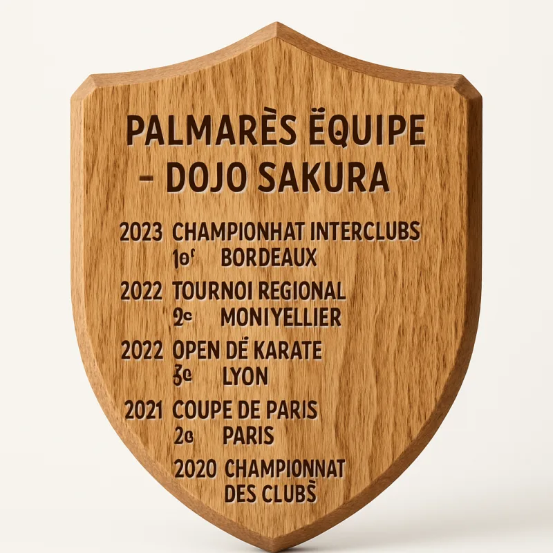 Bouclier bois gravé palmarès équipe