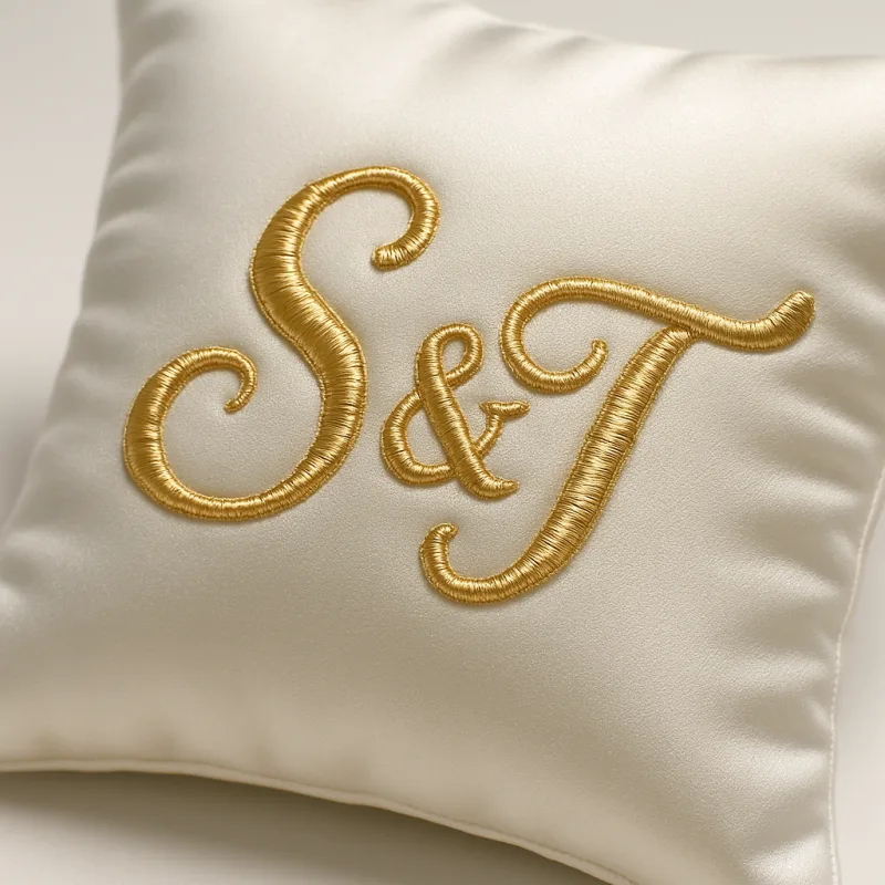 Coussin alliances brodé monogramme or