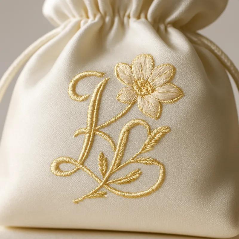 Aumônière satin brodée monogramme fleuri