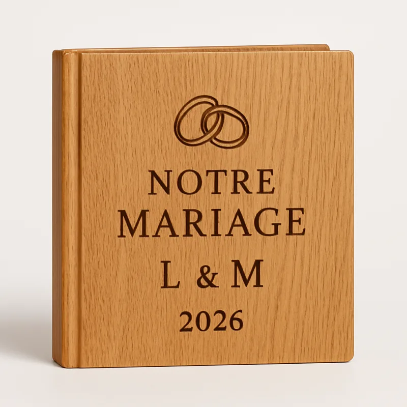 Livre d'or chêne gravé mariage 2026
